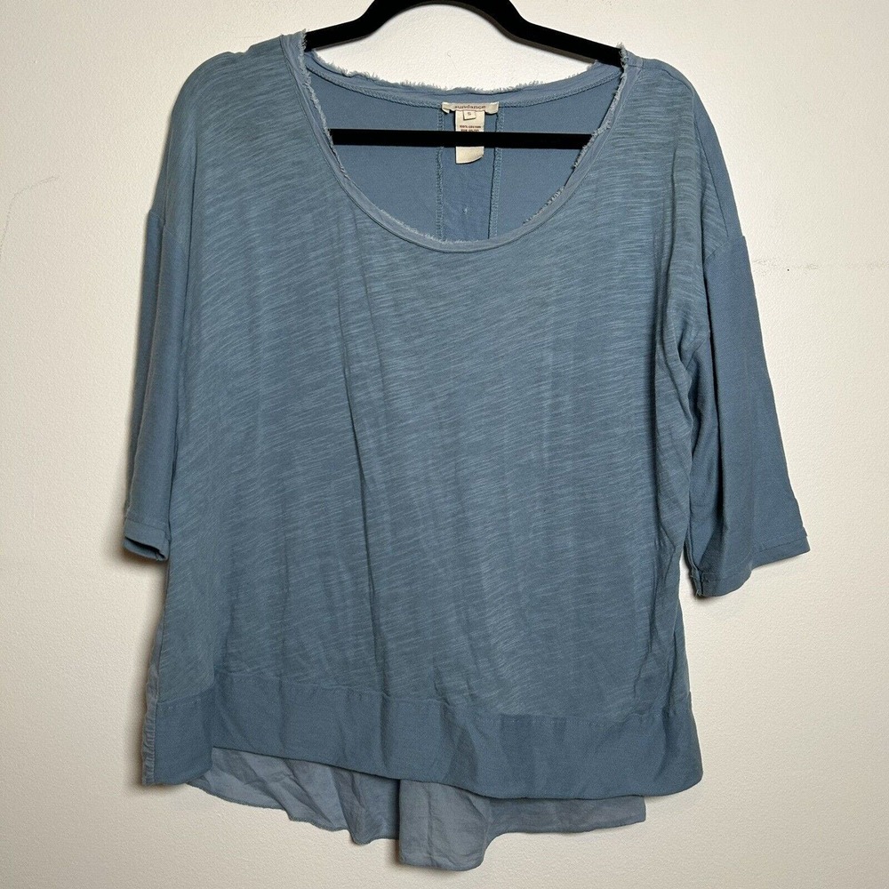 Sundance 3/4 Sleeve Length Shirt Round Neck Embroidered Cotton Blue Womens Small